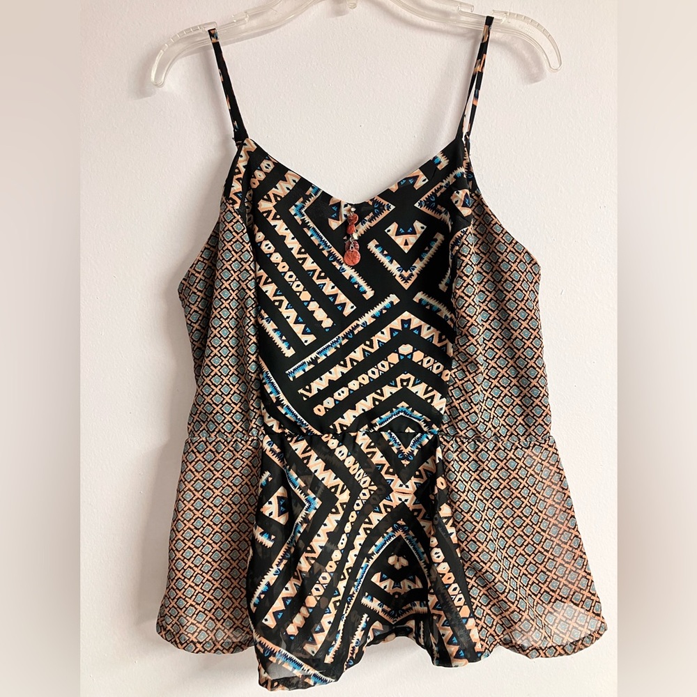 Women’s Camisole Top, Medium, Black/Peach/Blue, Geometric Print, Smocked Back